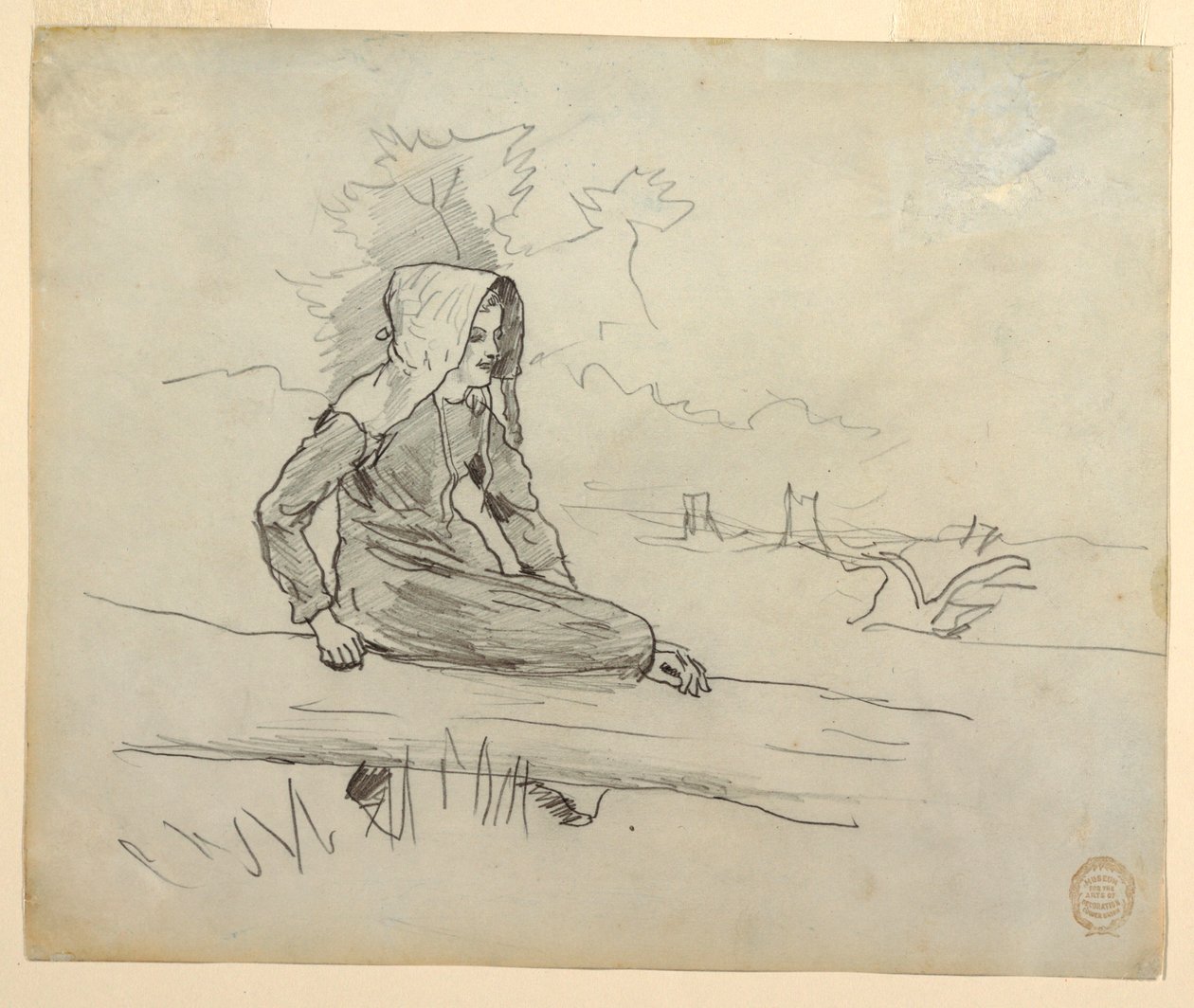 Rajz, Lány egy fatörzsön ülve, 1879 alkotó: Winslow Homer