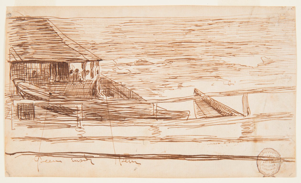 Rajz, Ház a korlátnál, partra vetett dorjákkal, Cullercoats, Anglia, 1881 alkotó: Winslow Homer