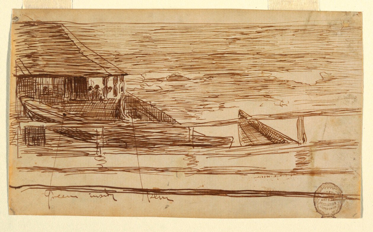 Rajz, Ház a korlátnál, partra vetett dorjákkal, Cullercoats, Anglia, 1881 alkotó: Winslow Homer