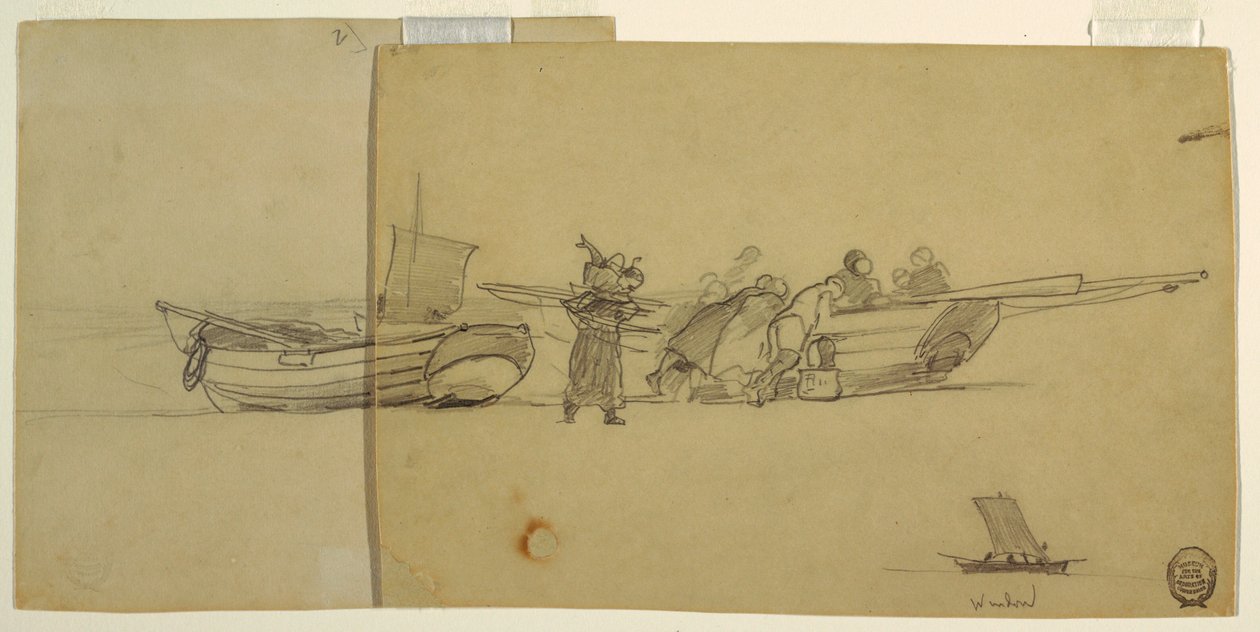 Rajz, Férfiak és nők kirakodnak egy halászbárkát, Cullercoats, Anglia, 1881-82 alkotó: Winslow Homer