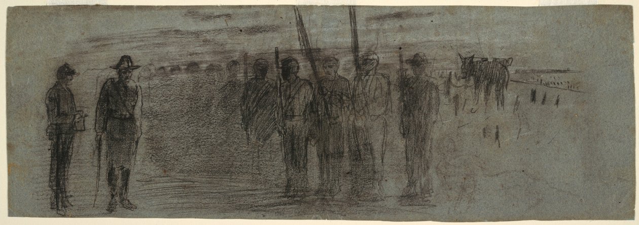 Rajz, tiszt és segédtiszt ellenőrzi a századot, valószínűleg 1864 alkotó: Winslow Homer