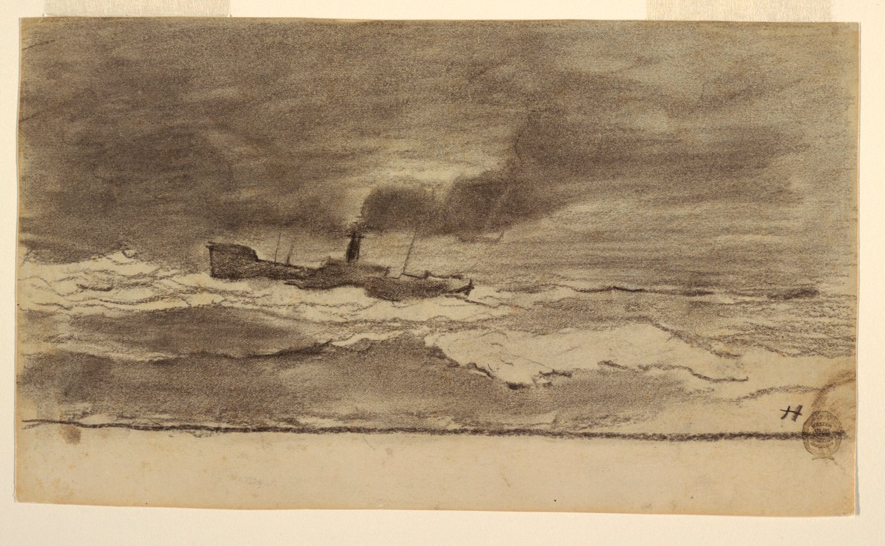 Rajz, Tengeri táj halászhajóval, Cullercoats, Anglia, 1881-82 alkotó: Winslow Homer