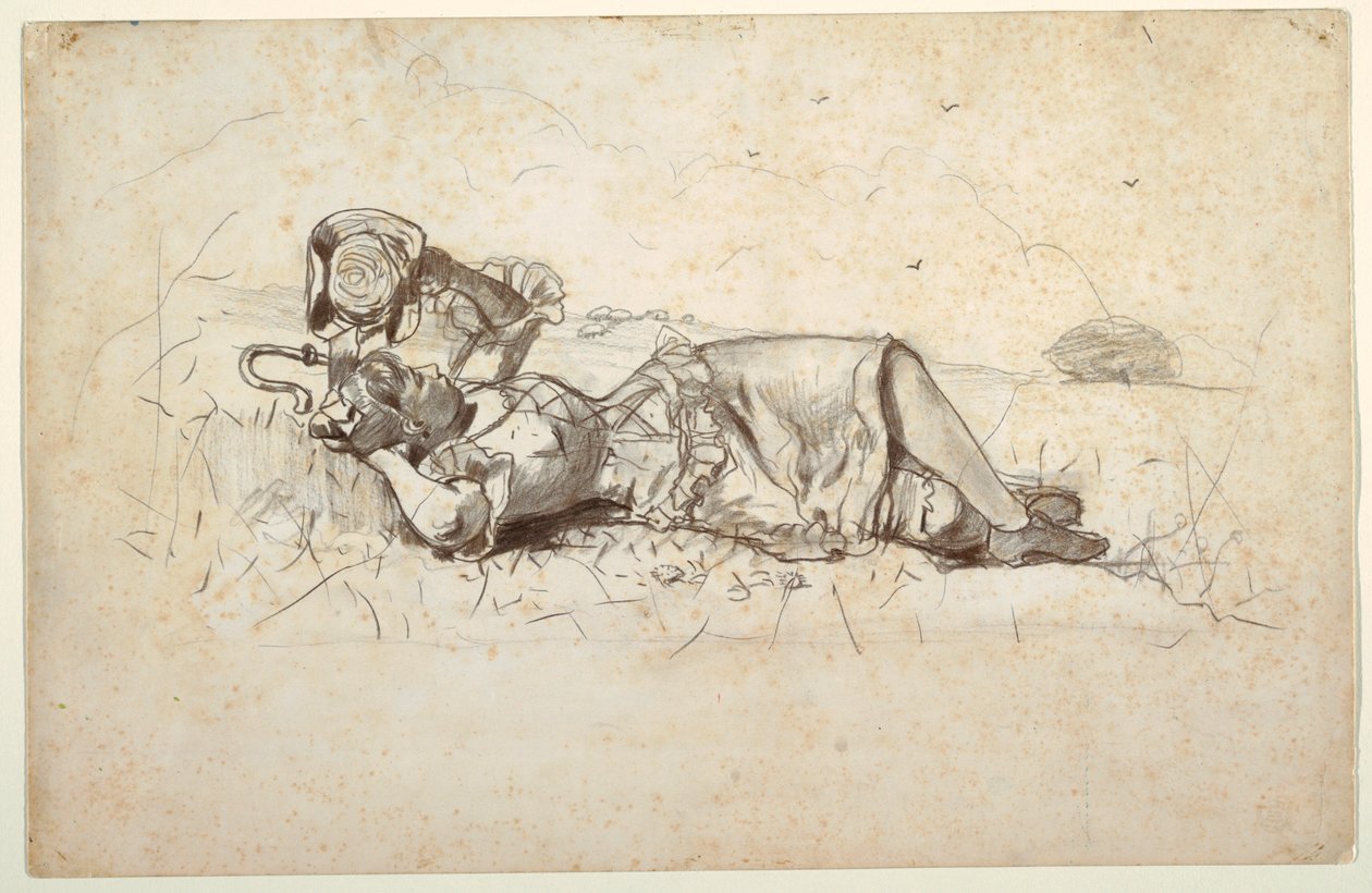 Rajz, Pásztorlány pihen, 1877 alkotó: Winslow Homer