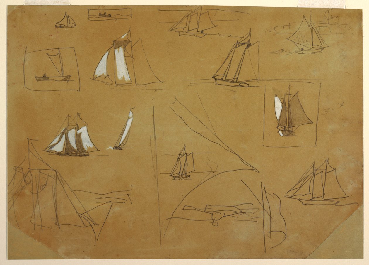 Rajz, Vitorlás hajók vázlatai, Cullercoats, Anglia, 1881-82 alkotó: Winslow Homer