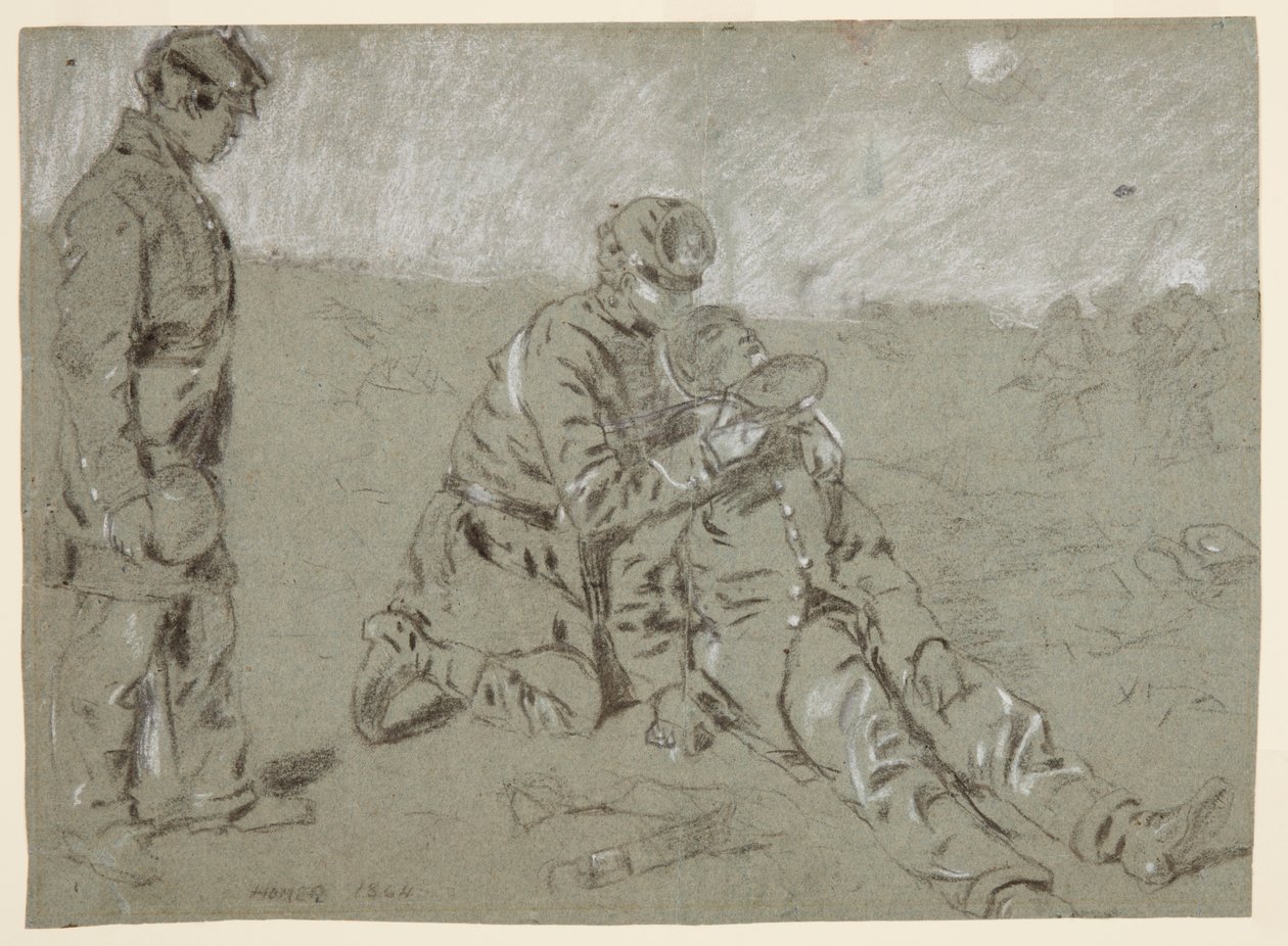 Rajz, katona vizet ad egy sebesült társának, 1864 alkotó: Winslow Homer