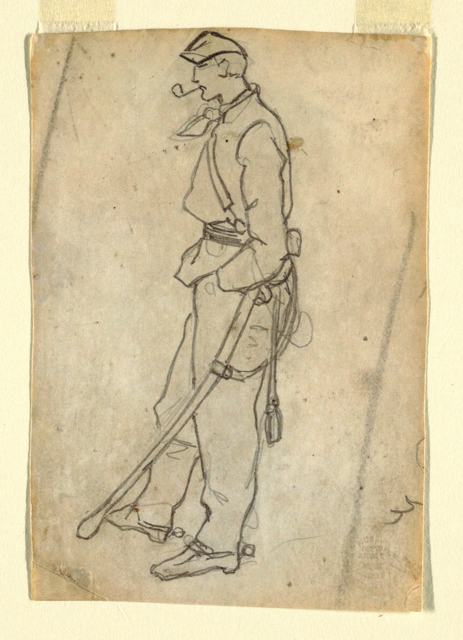 Rajz, Katona karddal és pipával, 1862 alkotó: Winslow Homer