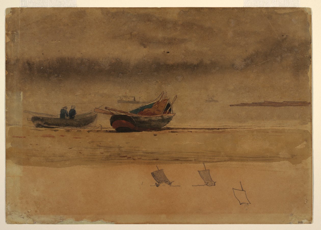 Rajz, Két evezős csónak hátsó nézete, Anglia, 1881-82 alkotó: Winslow Homer