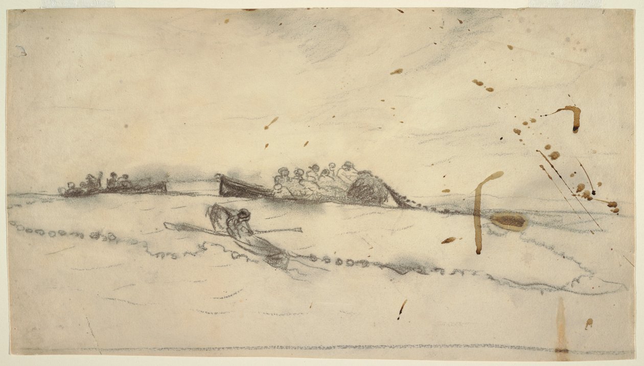 Rajz, Három csónak halászokkal, akik hálót vetnek ki, 1881-82 alkotó: Winslow Homer