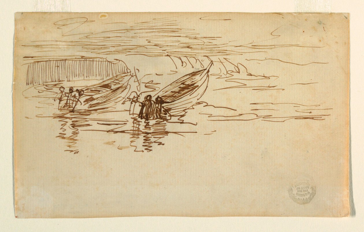 Rajz, két dory vízre bocsátása, Anglia, 1881 alkotó: Winslow Homer