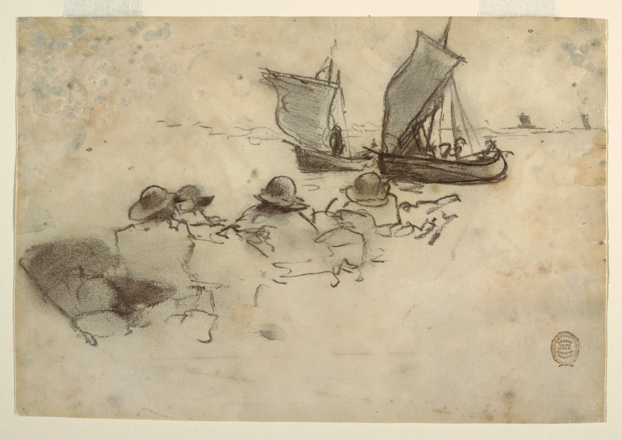 Rajz, Két halászhajó vitorlákkal, Cullercoats, Anglia, 1881-82 alkotó: Winslow Homer