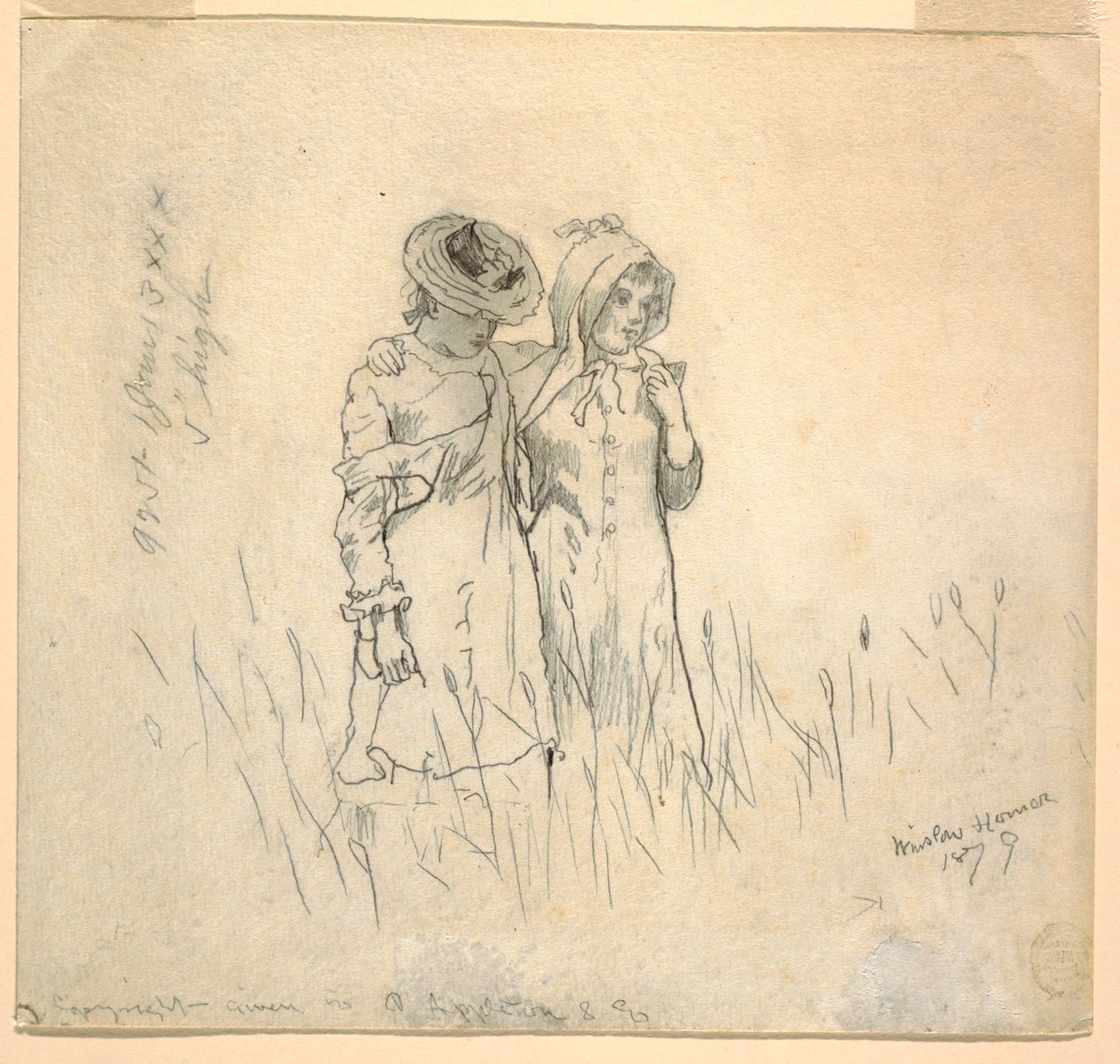Rajz, Két lány a mezőn, 1879 alkotó: Winslow Homer