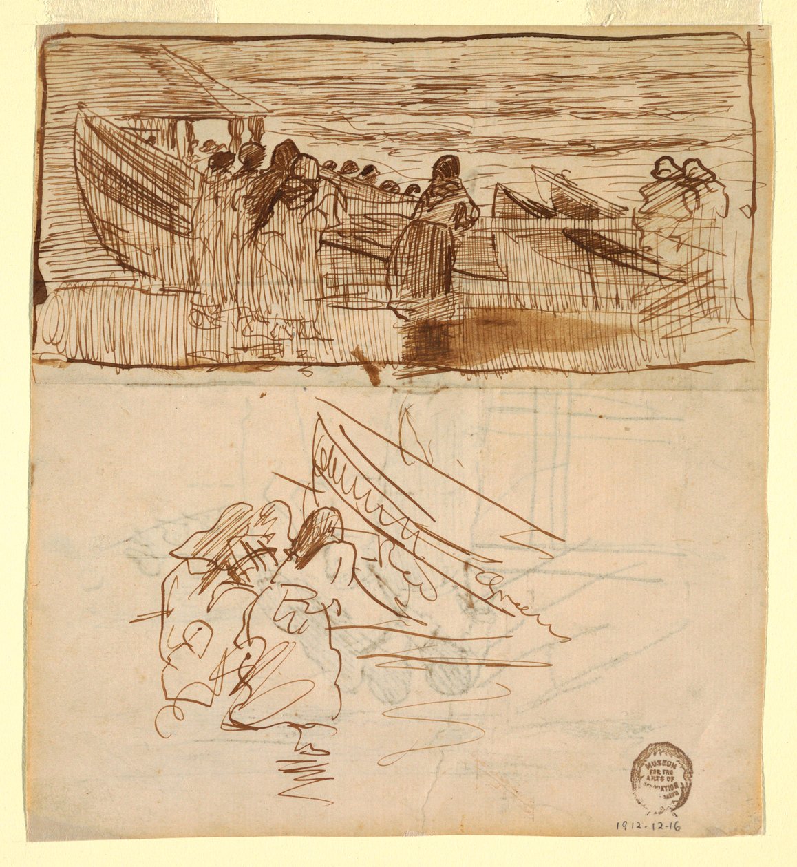 Rajz, Két tanulmány a nőkről, akik a csónakok vízre bocsátását figyelik, Cullercoats, Anglia, 1881 alkotó: Winslow Homer