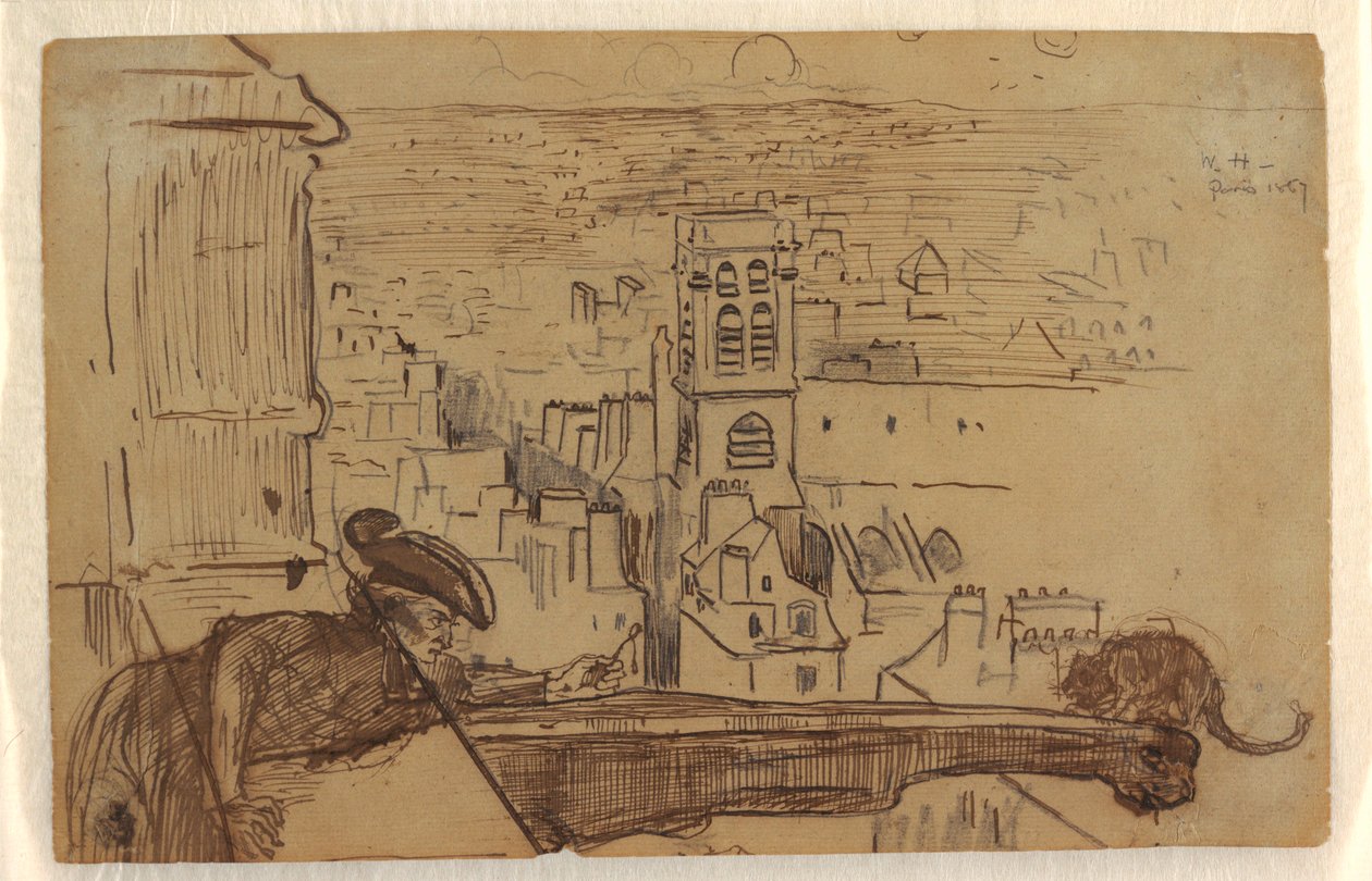Rajz, Párizs látképe a Notre-Dame székesegyház tornyának parapetjével, 1867 alkotó: Winslow Homer