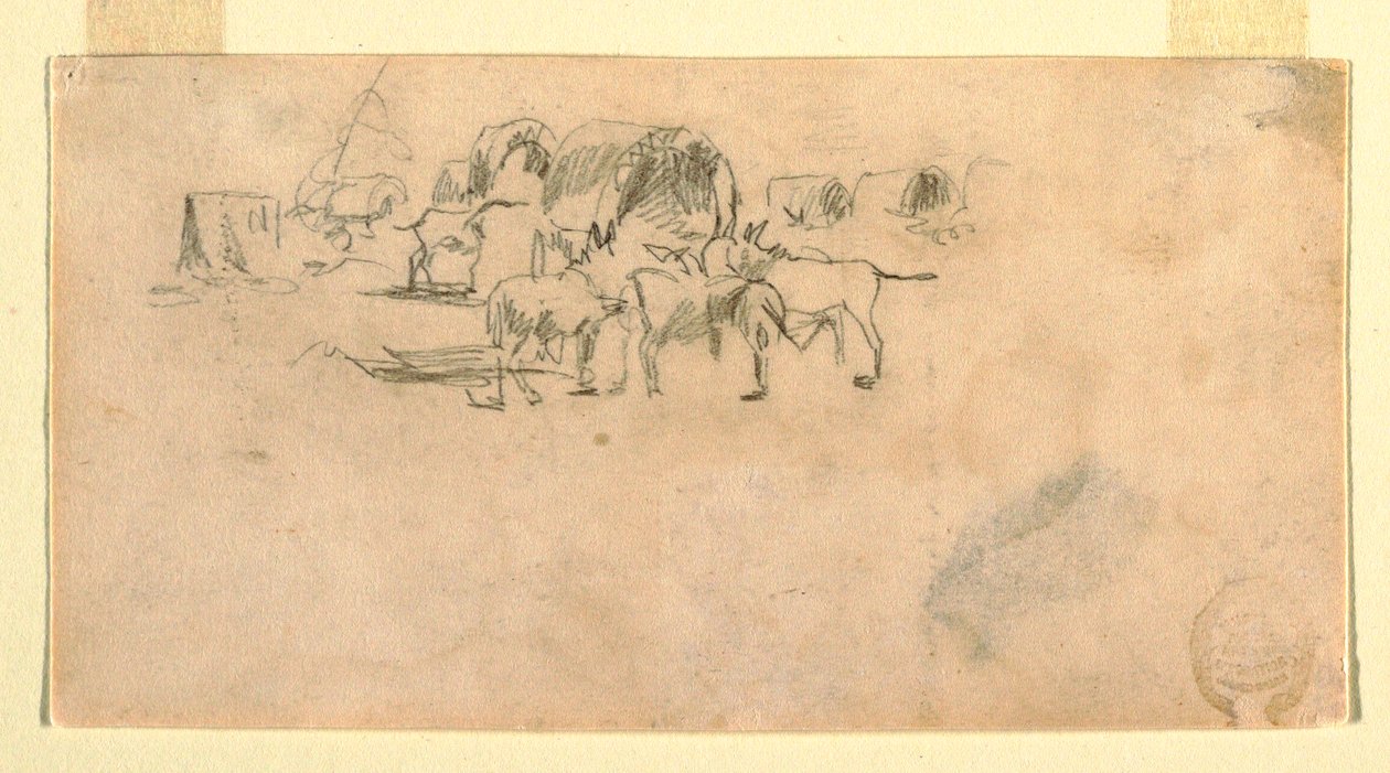 Rajz, szekérvonat a táborban, 1862 alkotó: Winslow Homer