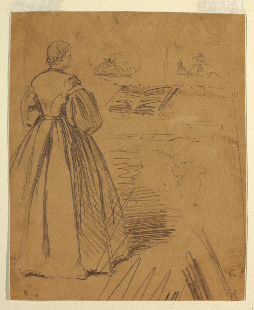 Rajz, Zongora előtt álló nő, 1862 alkotó: Winslow Homer