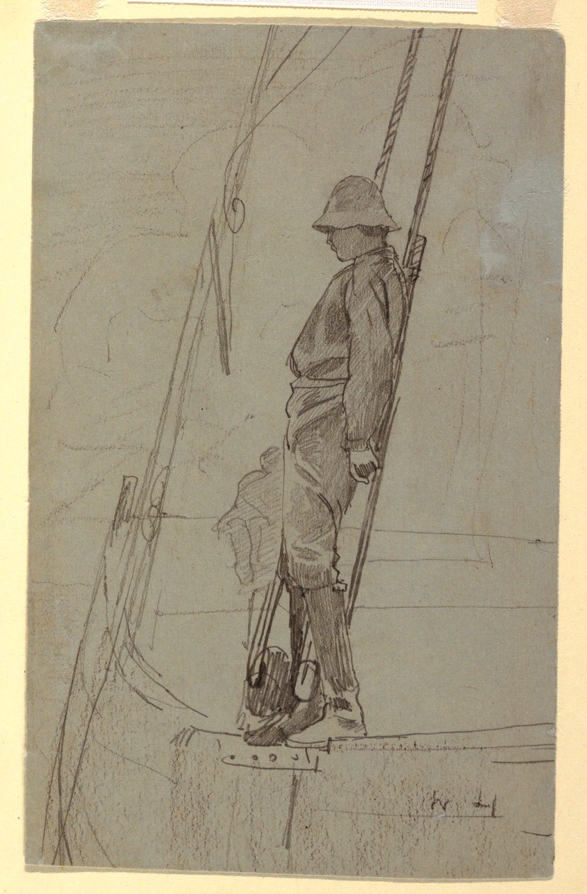 Rajz, Fiatal férfi a vitorlás kötelékének támaszkodva, valószínűleg 1861-62 alkotó: Winslow Homer