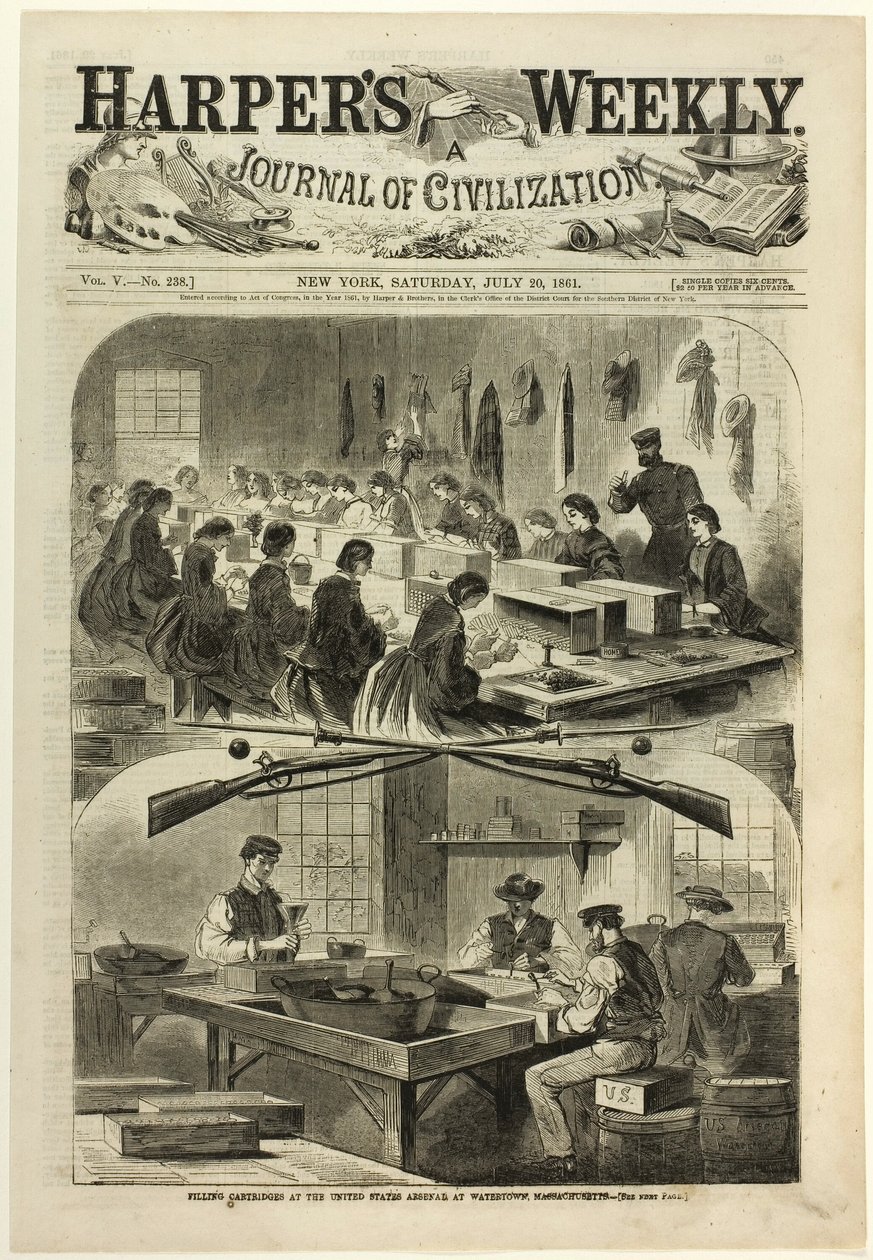 Tölténypatronok töltése a Massachusetts állambeli Watertownban lévő Egyesült Államok Arzenáljában alkotó: Winslow Homer