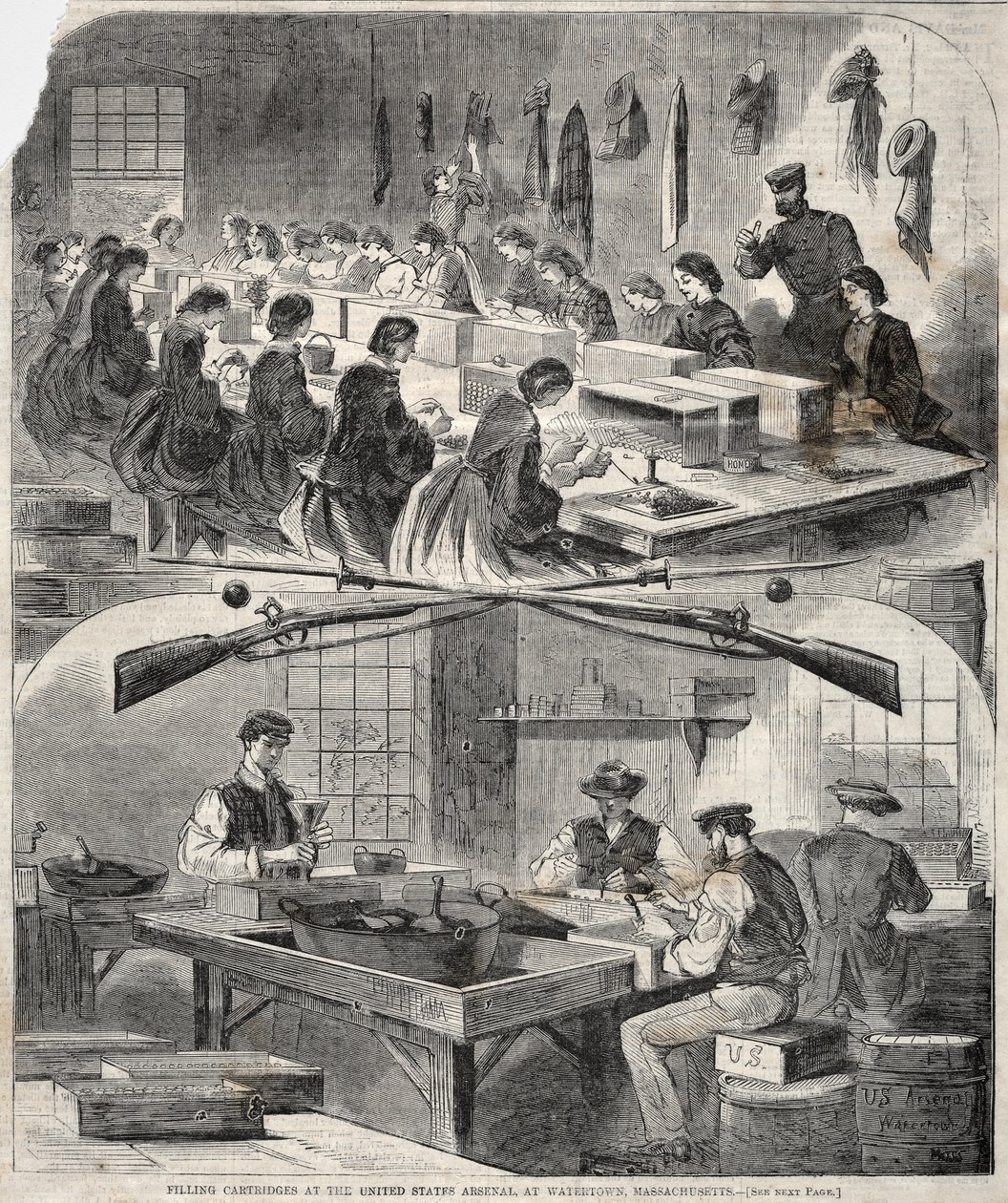 Patronok töltése az Egyesült Államok fegyverraktárában, Watertownban (Massachusetts) alkotó: Winslow Homer