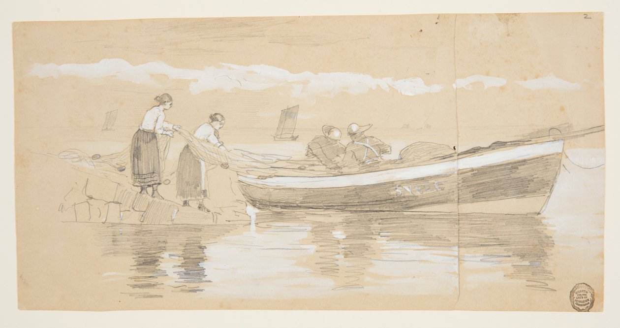 Halász és nők hálókat raknak egy tengerparton fekvő doryban, Cullercoats, Anglia alkotó: Winslow Homer