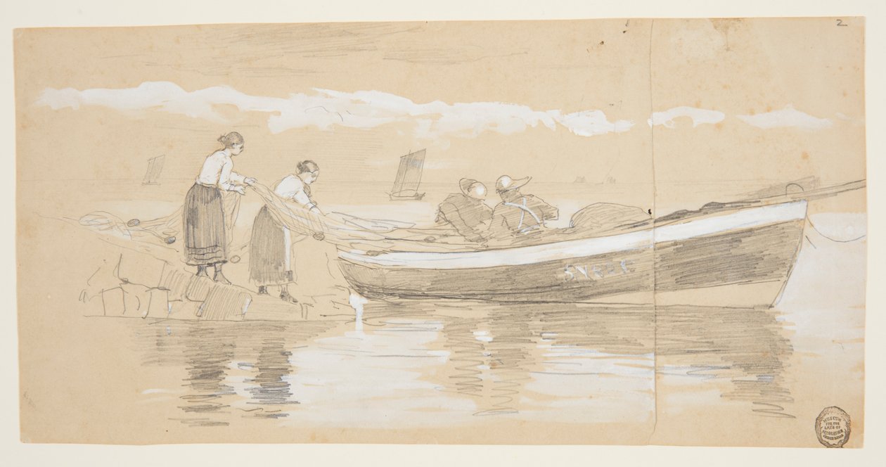 Halász és nők hálókat raknak egy tengerparton fekvő doryban, Cullercoats, Anglia alkotó: Winslow Homer