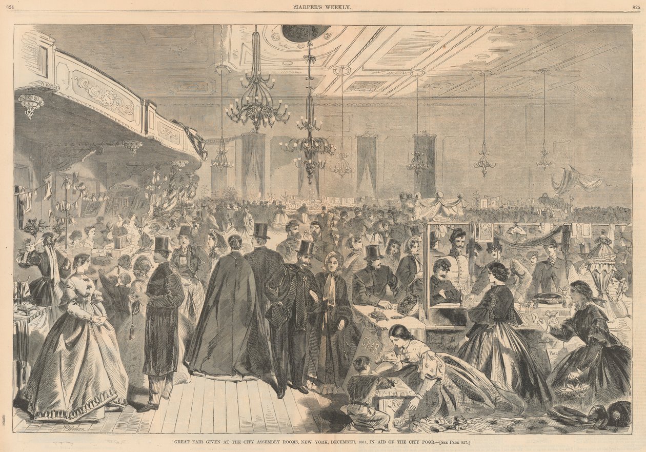 Nagy vásár a város gyülekezeti termeiben, New York, 1861. december, a város szegényeinek megsegítésére; Harpertől alkotó: Winslow Homer