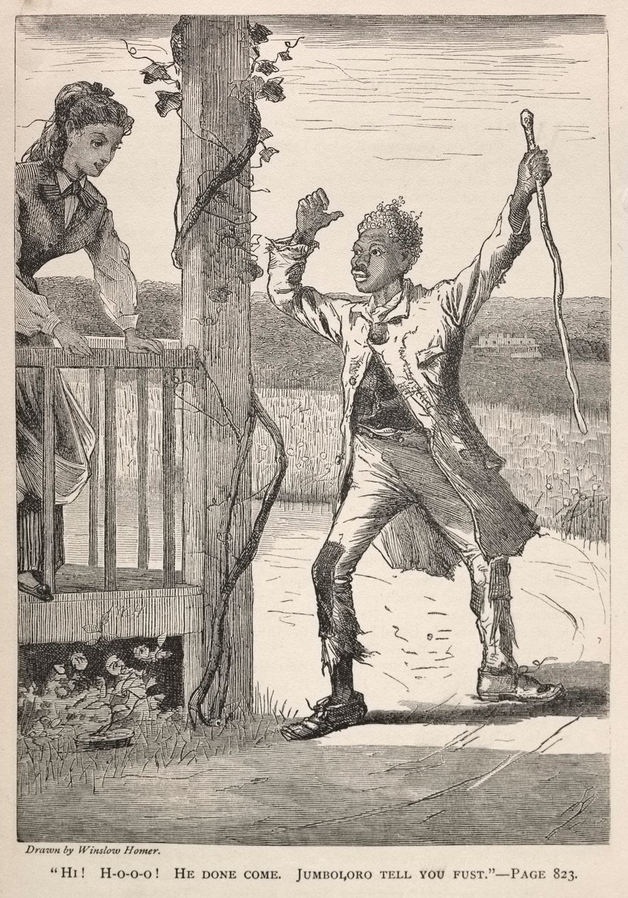 "Szia! H-O-O-O-O!  Eljött.  Jumboloro mondd meg neked először." alkotó: Winslow Homer