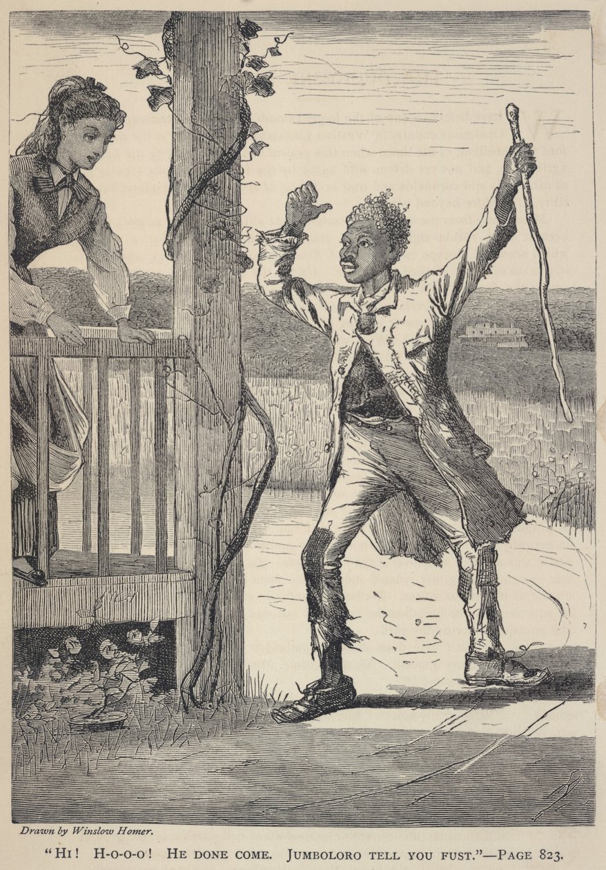 "Szia! H-o-o-o-o! He Done Come. Jumboloro Tell You Fust.", a The Galaxy 1869. júniusi számából. alkotó: Winslow Homer