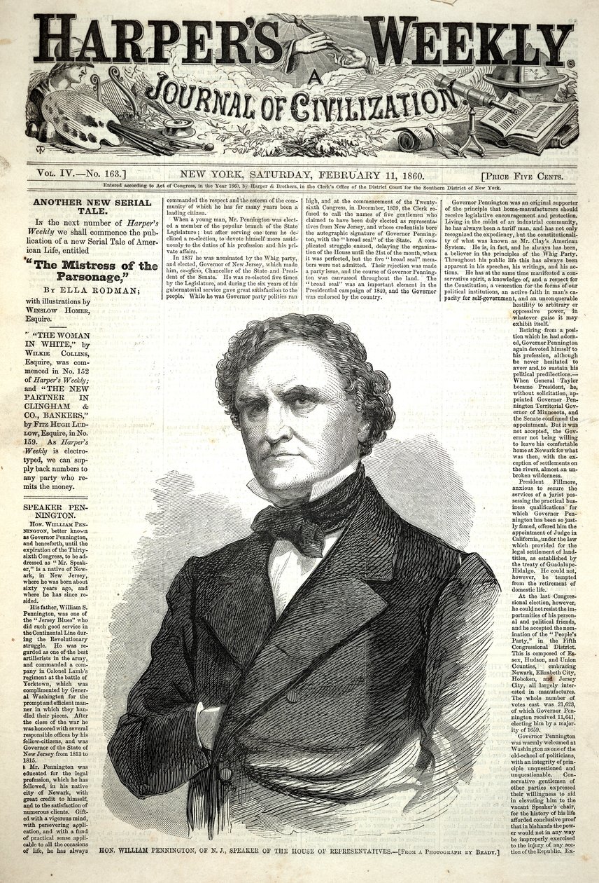 William Pennington, New Jersey-i képviselő, a Képviselőház elnöke, a Harper’s Weekly 1860. február 11-i számából alkotó: Winslow Homer