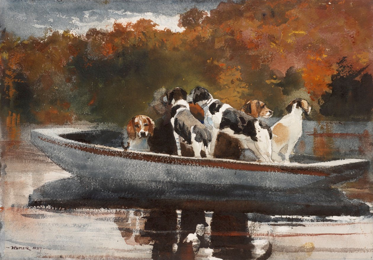 Vadászkutyák a csónakban (várva a rajtot) alkotó: Winslow Homer