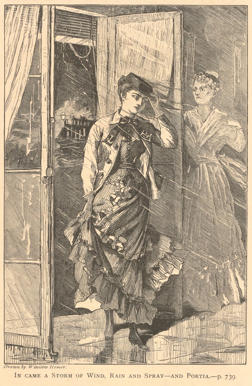 Szél, eső és vízpermet vihara érkezett - és Portia, a The Galaxy című lapból, 1869. december alkotó: Winslow Homer