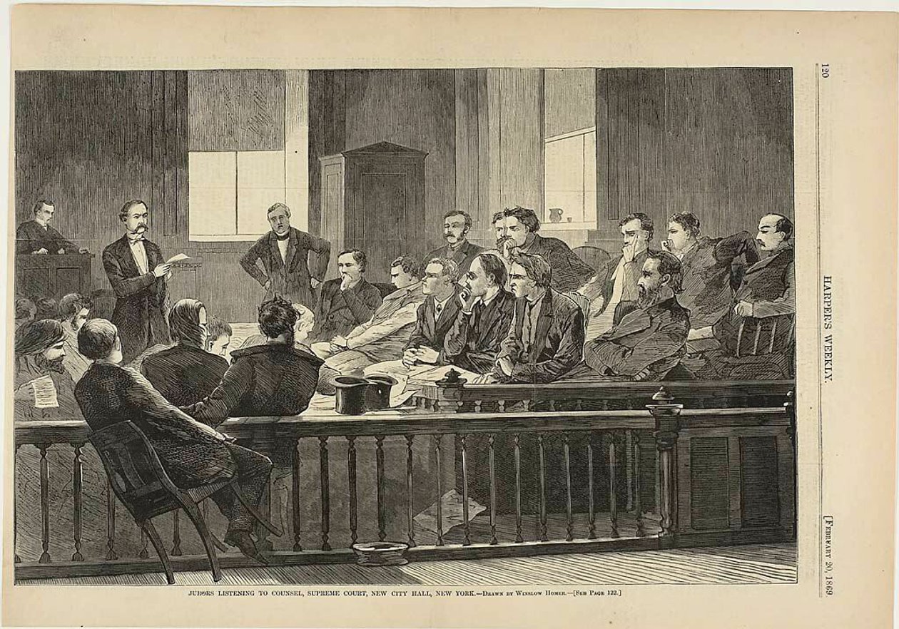 Esküdtek hallgatják az ügyvédet, Legfelsőbb Bíróság, New City Hall, New York alkotó: Winslow Homer
