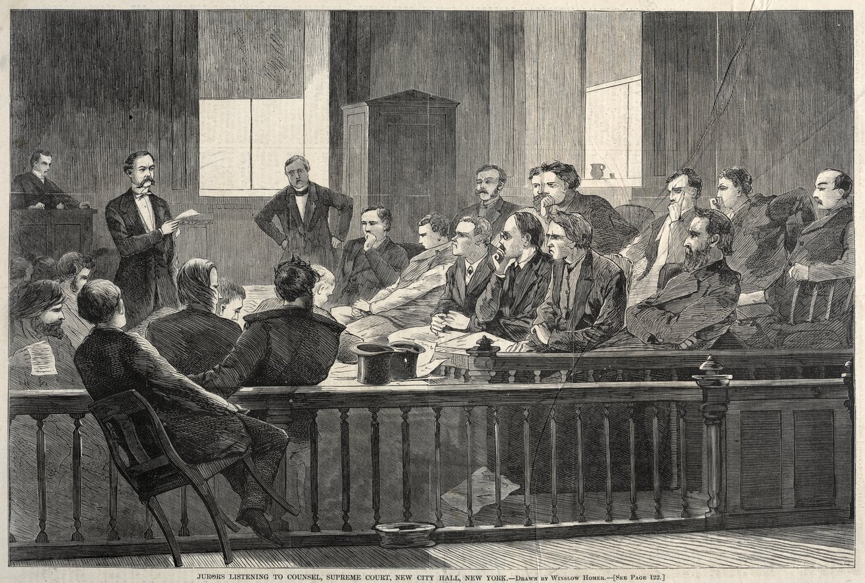 Az esküdtek az ügyvédek beszédét hallgatják, Legfelsőbb Bíróság, Új Városháza, New York alkotó: Winslow Homer