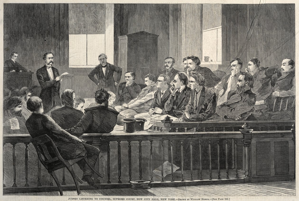Az esküdtek tanácsot hallgatnak, Legfelsőbb Bíróság, New City Hall, New York, 1869. alkotó: Winslow Homer