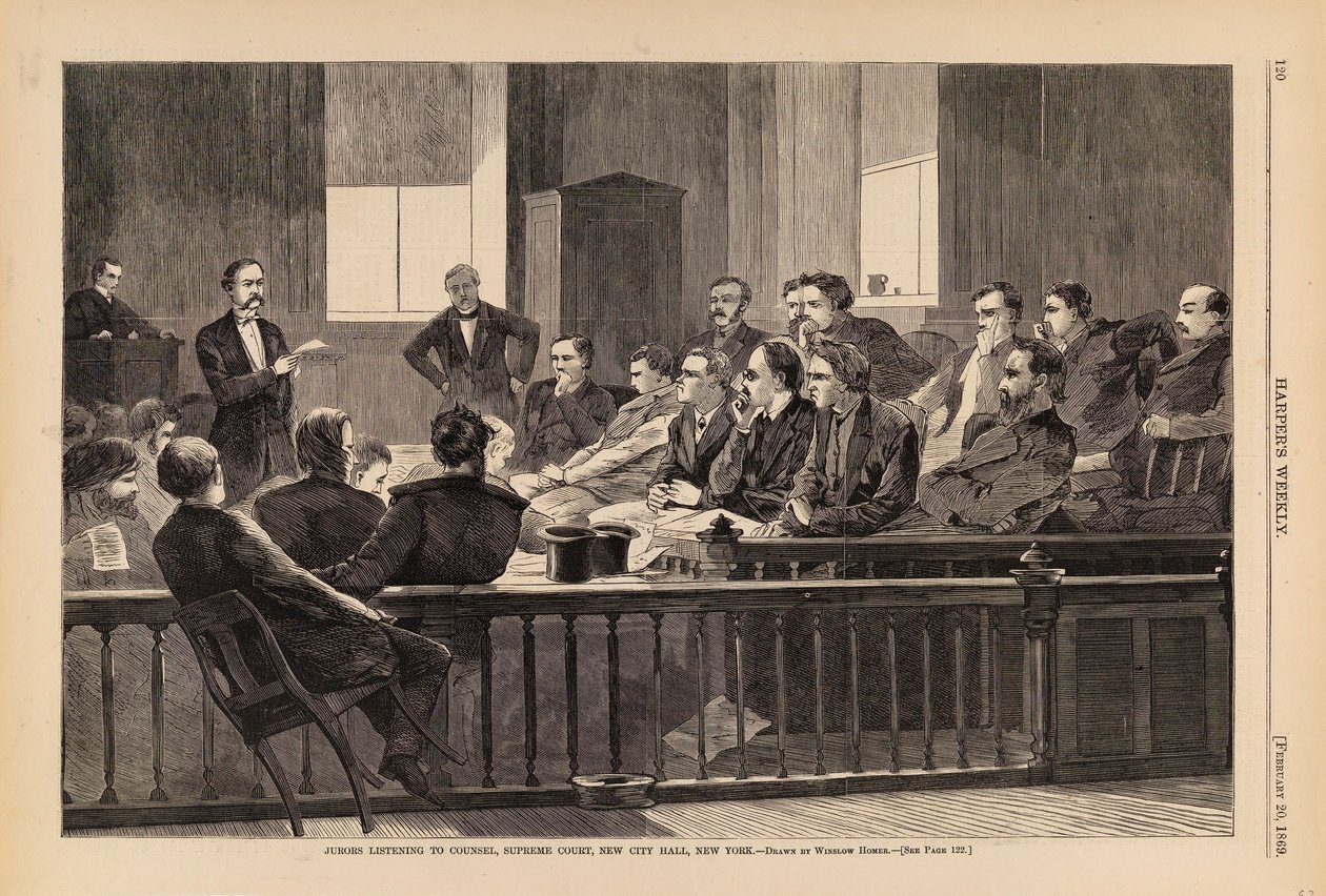 Esküdtek hallgatják az ügyvédet, Legfelsőbb Bíróság, New City Hall, New York, a Harper