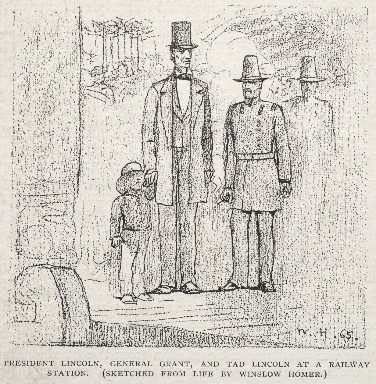 Lincoln elnök, Grant tábornok és Tad Lincoln egy vasútállomáson alkotó: Winslow Homer
