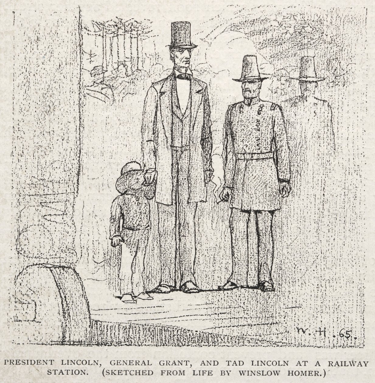 Lincoln elnök, Grant tábornok és Tad Lincoln egy pályaudvaron, 1887. alkotó: Winslow Homer