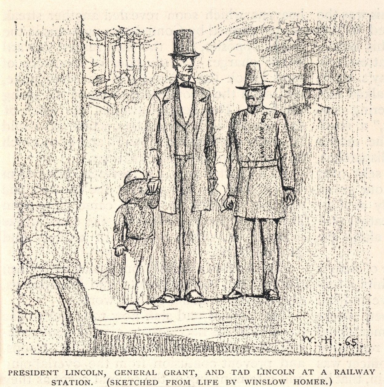Lincoln elnök, Grant tábornok és Tad Lincoln egy vasútállomáson, a The Century Magazine 1887. novemberi számából. alkotó: Winslow Homer