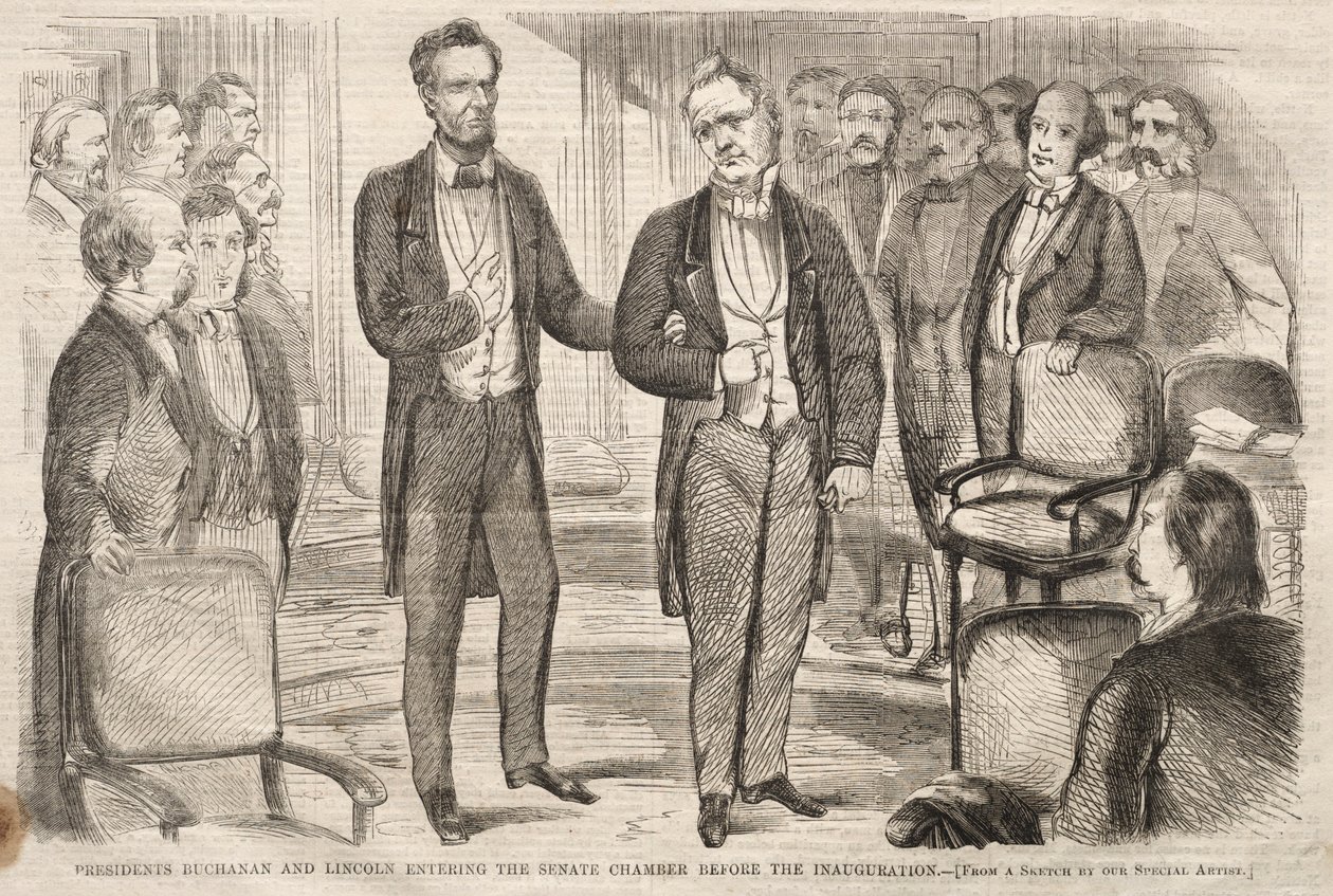 Buchanan és Lincoln elnökök belépnek a szenátus üléstermébe a beiktatás előtt alkotó: Winslow Homer