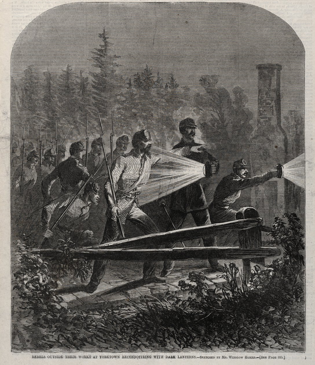 A yorktowni erődítményen kívüli lázadók sötét lámpásokkal felderítést végeznek alkotó: Winslow Homer
