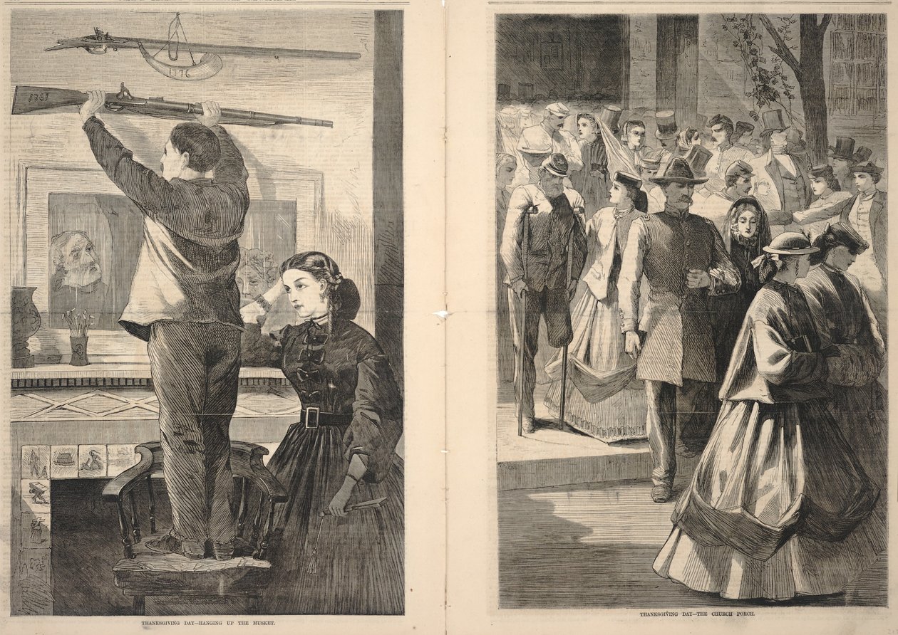 Hálaadás napja--Hanging up the Musket/Thanksgiving Day-The Church Porch, a Frank Leslie