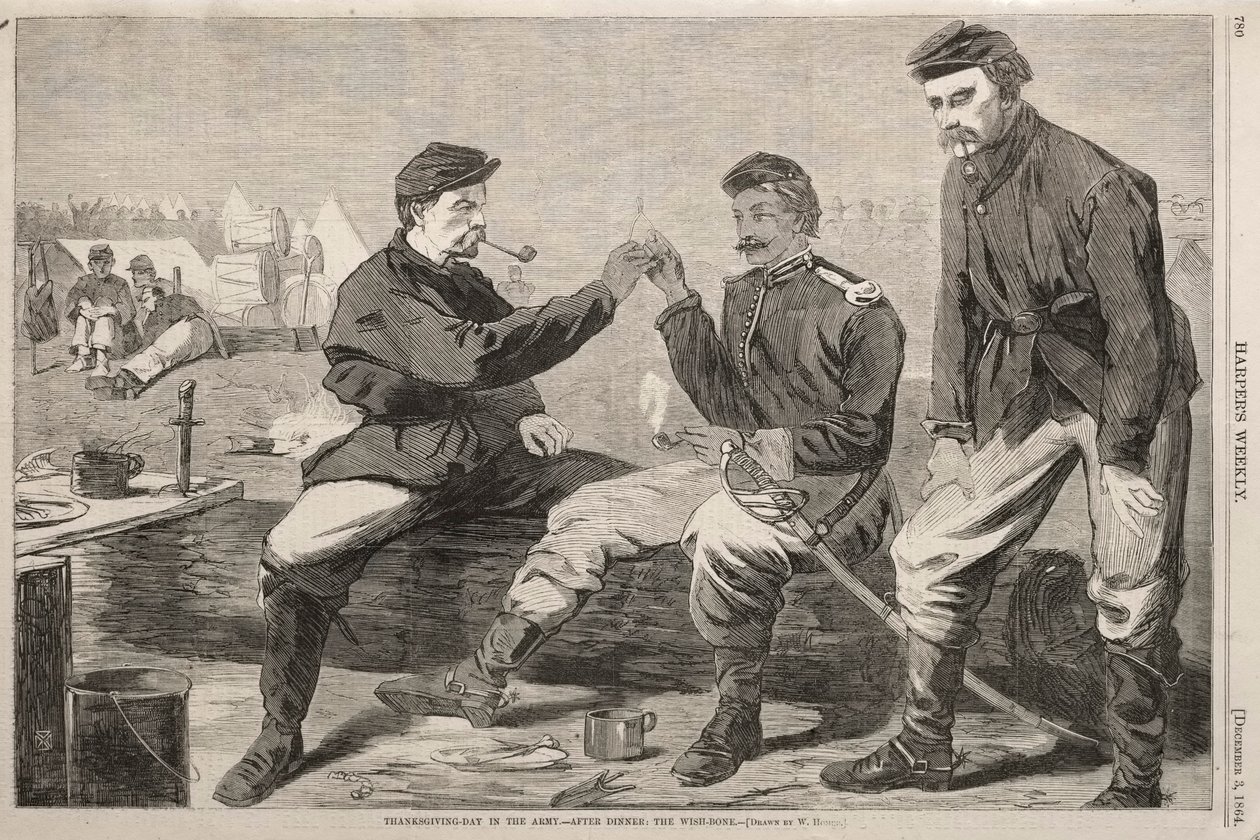 Hálaadás napja a hadseregben – Vacsora után: A kívánságcsont, 1864. alkotó: Winslow Homer