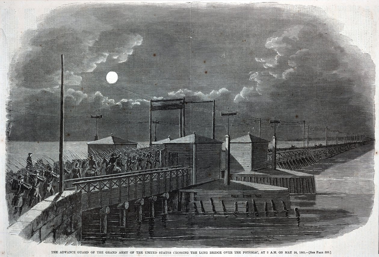 Az Egyesült Államok Nagy Hadseregének előőrsége átkel a Potomac felett átívelő Hosszú hídon 1861. május 24-én hajnali 2 órakor, a Harper