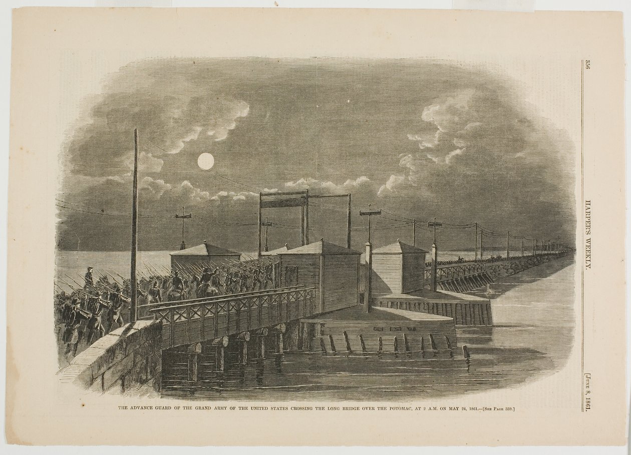 Az Egyesült Államok Nagy Hadseregének előőrsége átkel a Potomac felett átívelő Hosszú hídon 1861. május 24-én, hajnali 2-kor. alkotó: Winslow Homer