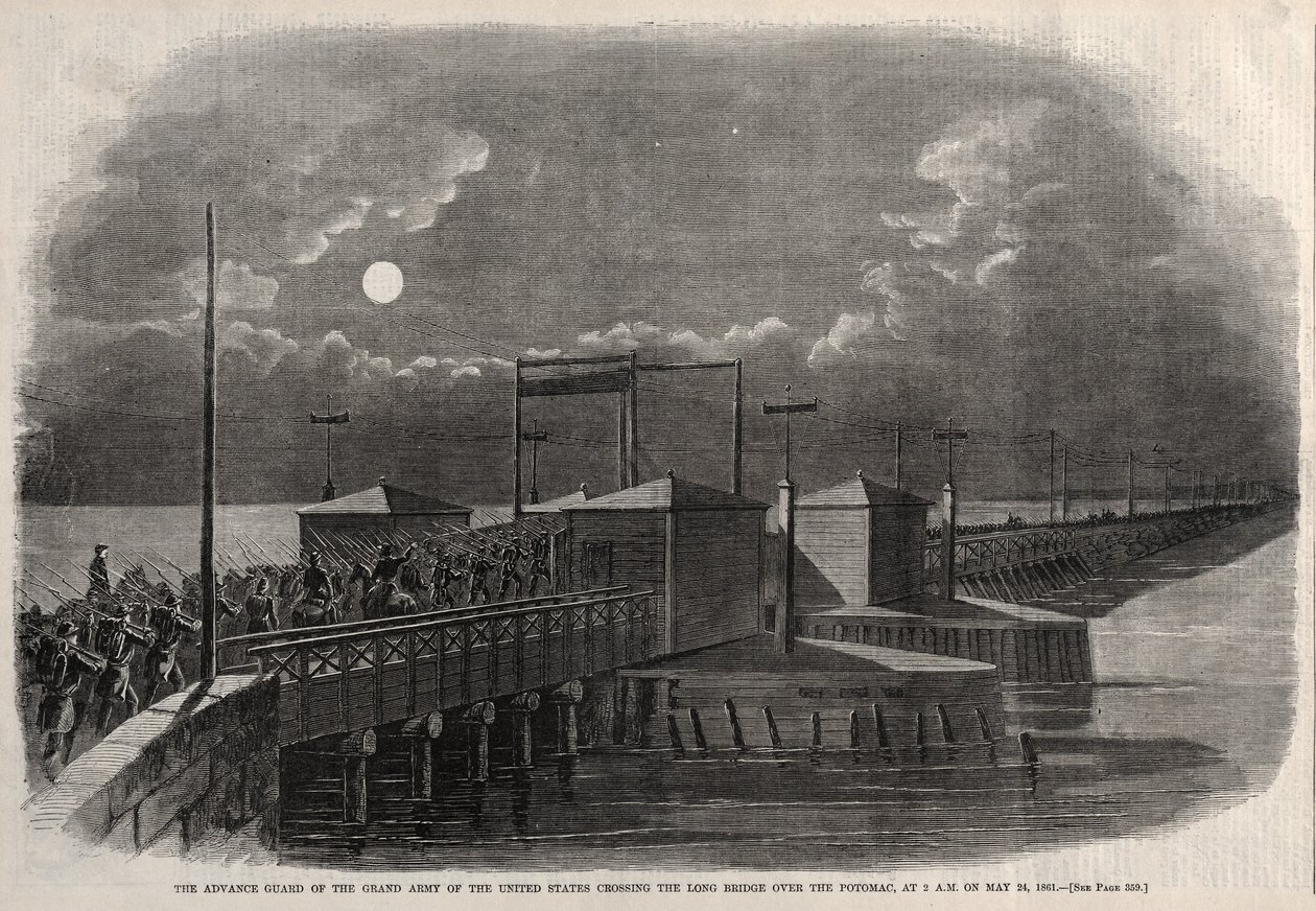 Az Egyesült Államok Nagy Hadseregének Előrehaladott gárdája átkelés a Hosszú hídon, 1861, 1861. alkotó: Winslow Homer