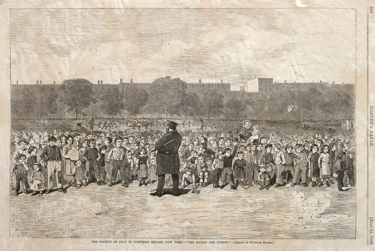 Július negyedike a Tompkins Square-en, New Yorkban – Jönnek a Sogerek, 1868. alkotó: Winslow Homer