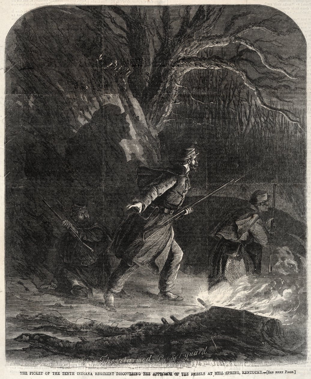 A 10. Indiana-ezred őrszeme felfedezi a lázadók közeledtét Mill Springben, Kentuckyban alkotó: Winslow Homer