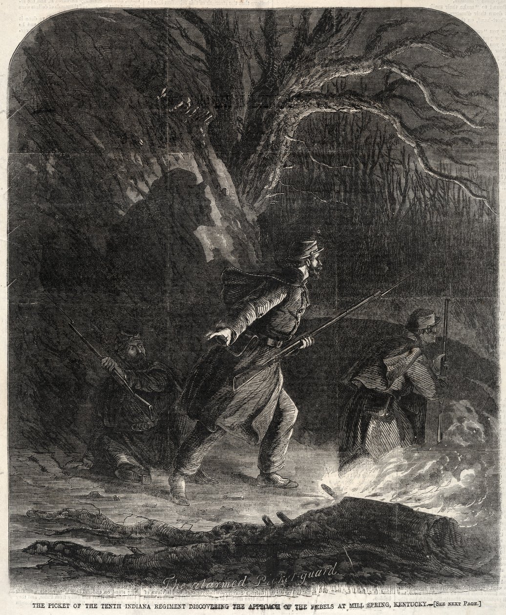 A tizedik Indiana ezred pikette, amely felfedezi a lázadók megközelítését... alkotó: Winslow Homer