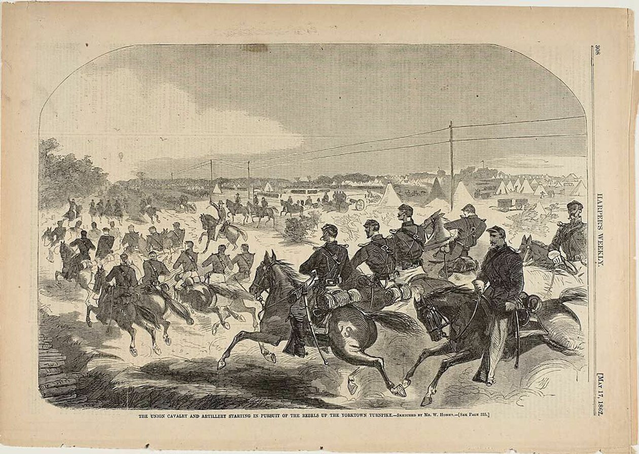 Az Unió lovassága és tüzérsége megkezdi a lázadók üldözését a Yorktown Turnpike-on. alkotó: Winslow Homer