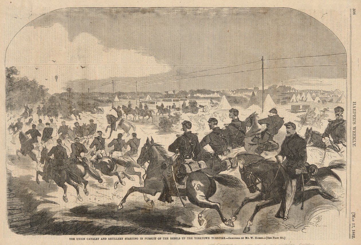 Az uniós lovasság és tüzérség megkezdi a lázadók üldözését a Yorktown Turnpike-on, a Harper
