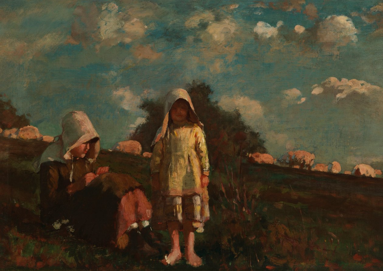 Két lány napvédővel a mezőn alkotó: Winslow Homer